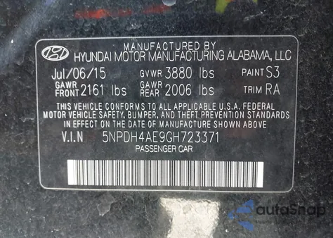 2016 Hyundai Elantra Se from USA, damaged, VIN 5NPDH4AE9GH723371